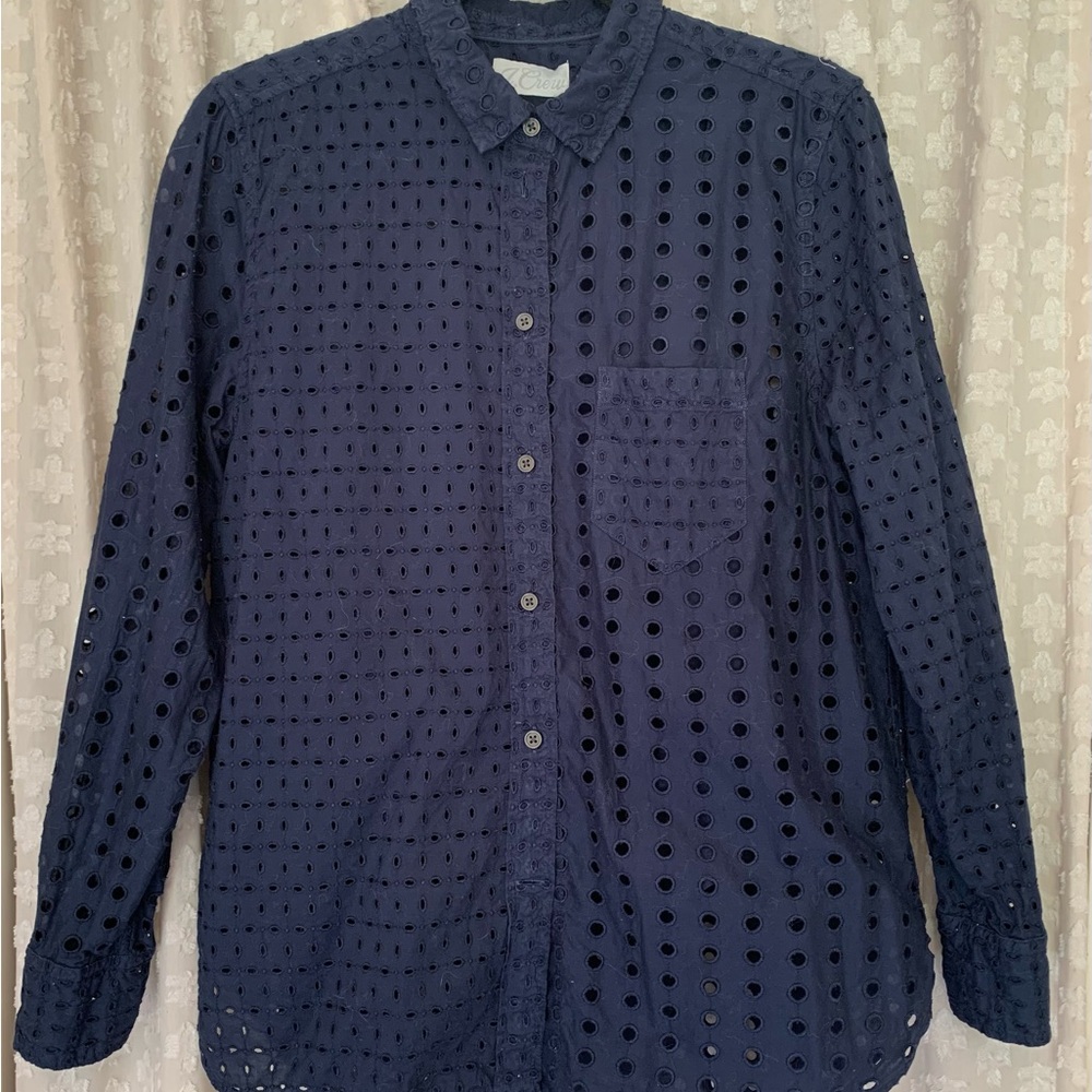 J Crew cotton eyelet shirt in navy, size 10. Includes removable matching cami